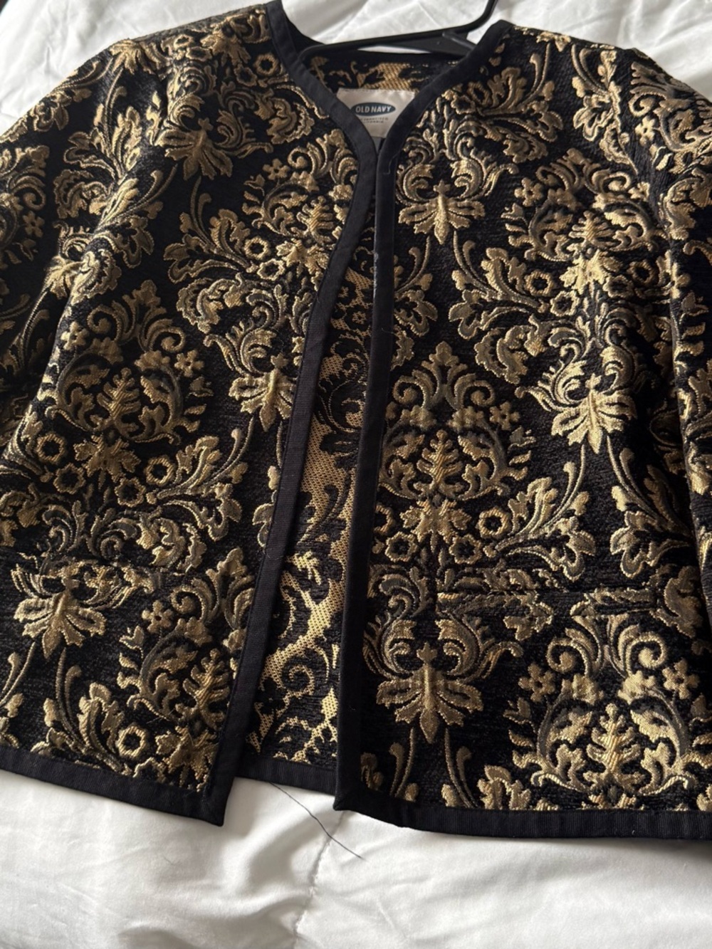 Old Navy Black and Gold Jacquard Open-Front Blazer
